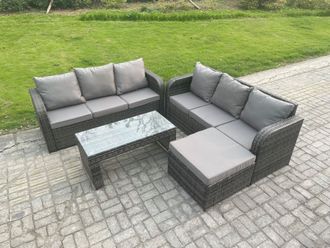 Fimous Outdoor Lounge Sofa Set Rattan Garden Furniture Set with Rectangular Coffee Table Big Footstool in Dark Grey