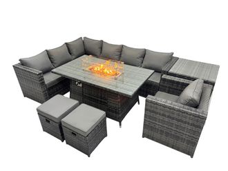 Fimous Rattan Garden Furniture Dining Set 9-seater with Side Table 2 Stool in Dark Grey
