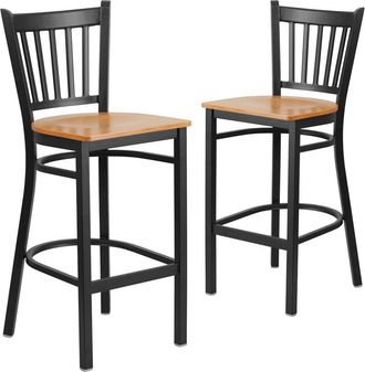 Flash Furniture 2 Pk. Black Vertical Back Metal Restaurant Barstool - Natural Wood Seat