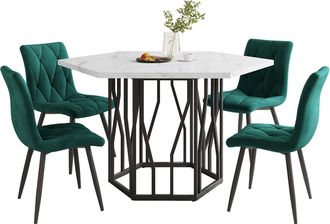 STILVORA Conjunto De Mesa Y Sillas Con 1 Mesa De Comedor Hexagonal Y 4 Sillas De Comedor, Mdf, Acero Y Terciopelo, Negro Blanco Y Verde