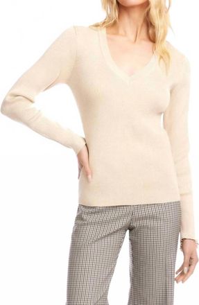Karen Kane Ribbed V-Neck Sweater In Antique Cream