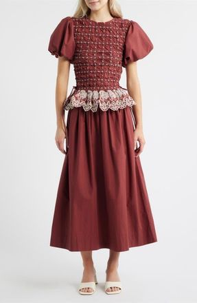 Damson Madder Audrey Smocked Puff Sleeve Organic Cotton Midi Dress in Red at Nordstrom, Size 12 Us