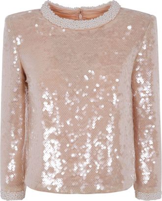 Self Portrait pearl trim sequin top - women - Polyester/Elastane/Polyester - 10 - Neutrals