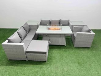 Fimous 8 Seat Rattan Sofa Set Outdoor Garden Furniture Set Firepit Table in Light Grey