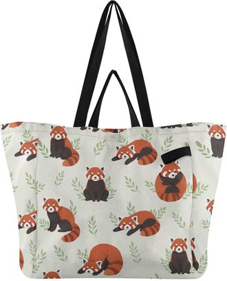 Generic Red Panda Leaf print Reusable Canvas Tote Bag, Heavy Duty Grocery Shopping Bag with Large Capacity Double Handles Hard Bottom Work Groceries Travel