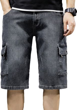 Generic Mens Multi-Pocket Jean Half Pants Relaxed Fit Cargo Jean Shorts Male Straight Leg Denim Short (38,Black)
