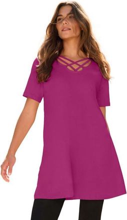 Roaman's Ultimate Lattice Neck Short Sleeve Tunic in Raspberry at Nordstrom, Size 24