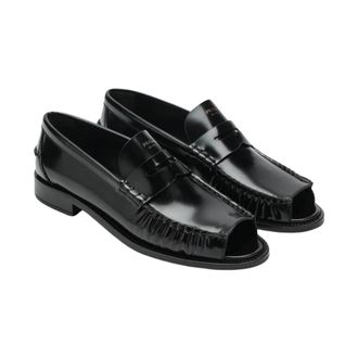 Prada Schoenen, Dames, Zwart, 37 EU, Leer, Brushed Leather Peep-Toe Loafers