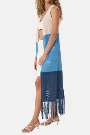 Autumn Cashmere Color Block Pointelle Fringe Maxi Vest In Navy/ Grey