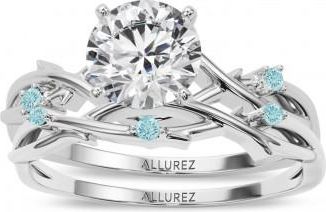 Allurez Round Aquamarine Vine Leaf Engagement Ring Bridal Set in Palladium (0.05ct)