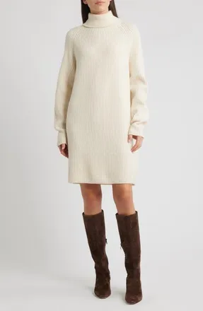 BOSS Foclore Long Sleeve Virgin Wool & Cashmere Turtleneck Sweater Dress in Soft Cream at Nordstrom, Size Xx-Large