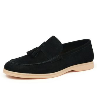 Generic Mens Slip on Tassel Loafers Round Toe Faux Suede Casual Shoes Low Block Heel Office Dress Shoes,Black,8.5 UK