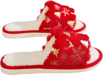 Generic Womens Festive Winter Fleece Slippers with Floral Design Flat Sole for Indoor Comfort Ladies Shoes Size 5 Women 6 Comfy Gifts For Mens Arch Support