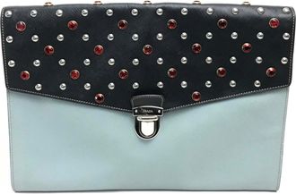 Prada Saffiano Black Light Blue Leather Clutch Bag (Pre-Owned)