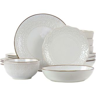 Elama Countess 16 Piece Embossed Double Bowl Stoneware Dinnerware Set in White at Nordstrom