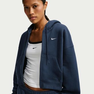 Nike Womens Studio Fleece Medium Weight Oversized Full-Zip Cropped Hoodie in Blue | IM8499-410