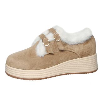 Generic Womens Faux Fur Lined Platform Wedge Espadrilles Ankle Boots Buckle Round Toe Comfort Causal Warm Winter Loafers (7.5,Khaki)