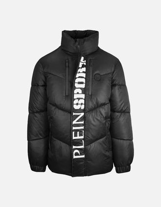 Philipp Plein Mens Plein Sport Bold Vertical Logo Shiny Padded Black Jacket - Size: 44/Regular