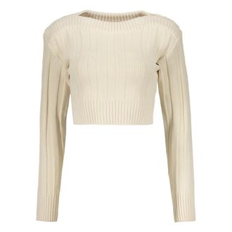 Low Classic Gebreide trui met knoopdetail - Dames - Ronde hals truien - Beige - S - Polyester - Truien & Vesten