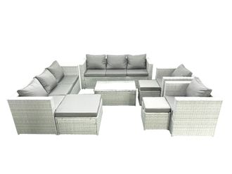 Fimous Outdoor Rattan Sofa Garden Furniture Set with 2 Armchairs Oblong Coffee Table 3 Footstools Light Grey Mixed