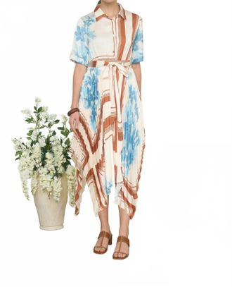 ZOE AND CLAIRE Satin Printed Handkerchief Midi Dress In Ivory Multi