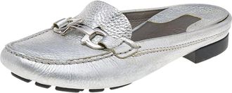 Ferragamo Silver Leather Gancini Slip On Mules