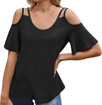 Generic Womens Casual Short Sleeve T-Shirt 2025 Top Womens Cold Shoulder Tops Solid Lightweight Thin Shirts Short Sleeve Loose Blouse Ladies Trendy Clothing S