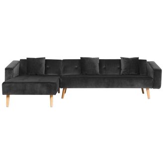 Beliani Sof&aacute; Cama Esquinero Con 3 Almohadas Tapizado En Terciopelo Negro Patas De Madera Clara Reclinable 4 Plazas Versi&oacute;n Derecha Vadso
