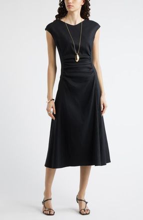 Nordstrom Linen Blend Ruched Midi Dress in Black at Nordstrom, Size Xx-Small