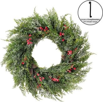 Glitzhome Handmade Christmas Greenery Frosted Dripping Wreath With Pinecones & Red Berries