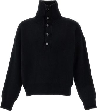 Ami Black High Buttoned Collar Wool Sweater