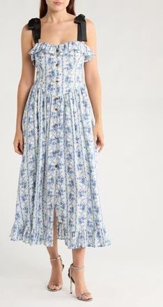 Blu Pepper Tie Strap Ruffle Midi Dress in Blue Multi at Nordstrom Rack, Size Medium