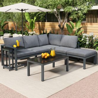C&A Grey All-Weather Outdoor Lounge Sofa Set for 4-5 People with Side and Coffee Tables-Cushions Included