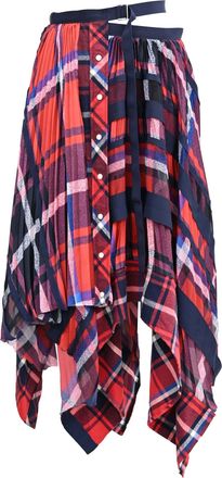 sacai Plaid Pleated Asymmetric Wrap Midi Skirt in Multicolor Polyester