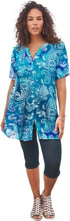 Roaman's Plus Size Angelina Crinkle Crepe Y Neck Short Sleeve Tunic in Teal Tie Dye Paisley at Nordstrom, Size 12
