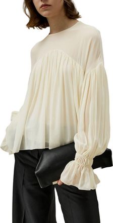 LilySilk Sheer-Shoulder Ruffle Shirt in Custard White at Nordstrom, Size Medium