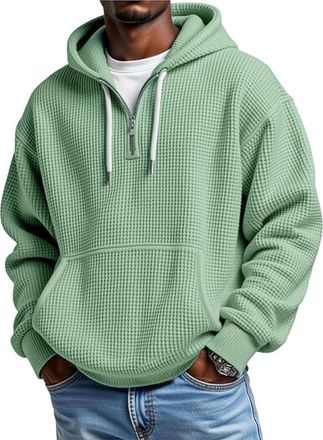 Generic Quarter Zip Hoodie Mens Long Sleeve Waffle Solid Color Sweatshirts Hooded 1/4 Zip Pullover with Pockets Drawstring Hood Sweatshirt Casual Comfy (UK, A