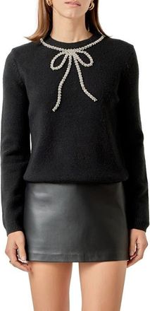 English Factory Rhinestone Bow Sweater in Black at Nordstrom, Size X-Small