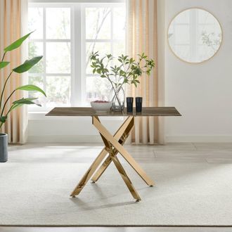 Furniturebox Leonardo 4-Seater Dining Table With Marble Effect Glass Top & Gold Metal Legs in Dark Brown