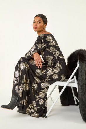 Roman Floral Foil Bardot Midi Dress
