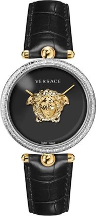 Versace Palazzo Zwart Leren Horloge - Dames - Horloges - Grijs - ONE Size - Accessoires