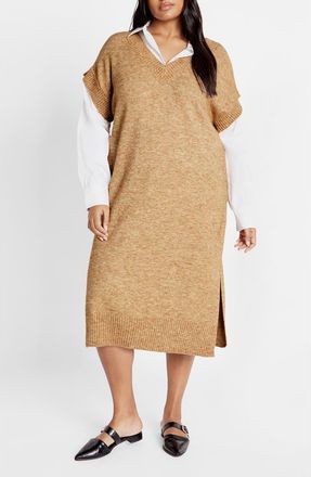 City Chic Gloria Layered Long Sleeve Knit Dress in Caramel at Nordstrom, Size Xxl
