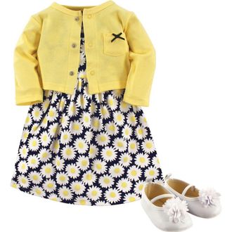 Hudson Baby Cotton Dress, Cardigan and Shoe Set in Daisy at Nordstrom, Size 12-18M