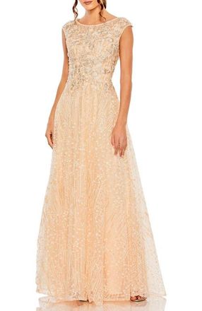 Mac Duggal High Neck Lace Embroidered Cap Sleeve Gown in Peach at Nordstrom, Size 16