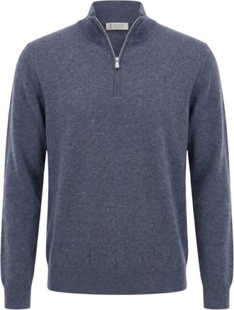 Brunello Cucinelli Trui met Halve Rits en Col - Heren - Vesten met rits - Blauw - 2XL - Kasjmier - Hoodies & sweatvesten