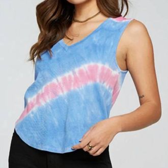 Chaser Vintage Rib Cropped Henley Shirttail Tank In Eclipse Tie Dye