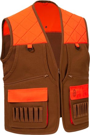 Bassdash Multi Pockets Upland Field Bird Hunting Vest Blaze Orange Brown Water Resistant Rip Stop for Men Women, Brown/Blaze Orange, Large