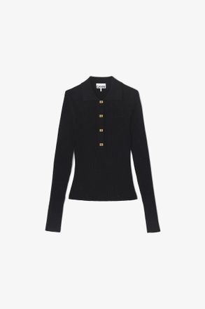 Ganni Black Fine Sequin Knitted Polo - Size XXS Wool