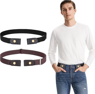 Generic 2 Pcs No Buckle Belts for Men, Adjustable Elastic Belts Buckle Free Belts Buckleless Stretch Belts for Jeans Pants Office or Travel Use (Black and Cof