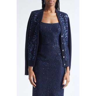 Michael Kors Sequin Embellished Floral Lace & Cashmere Cardigan in Midnight at Nordstrom, Size X-Small